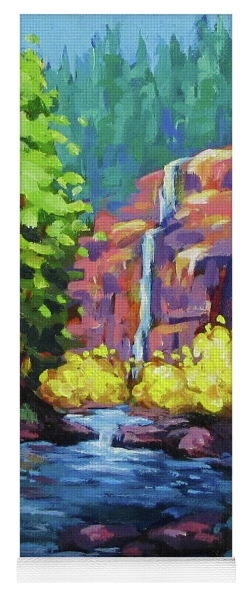 Color Yoga Mat featuring the painting Sunlit Waterfall by Karen Ilari