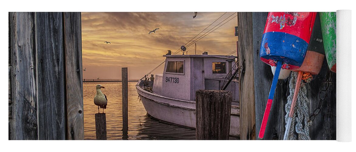 Coast Yoga Mat featuring the photograph Sunrise Photograph of Boat with Gulls and Fishing Buoys by Randall Nyhof