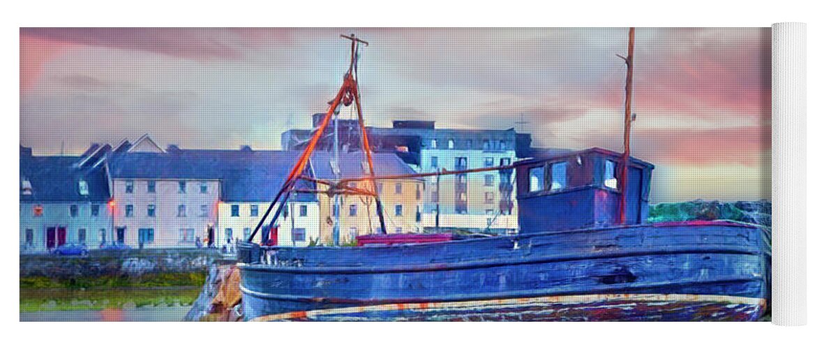 Boats Yoga Mat featuring the photograph Sunset at the Port in Galway Painting by Debra and Dave Vanderlaan