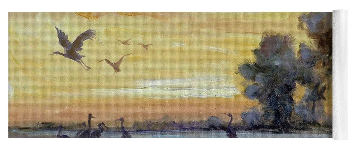 Cranes Yoga Mat featuring the painting Sunset on the marshes with cranes by Irek Szelag