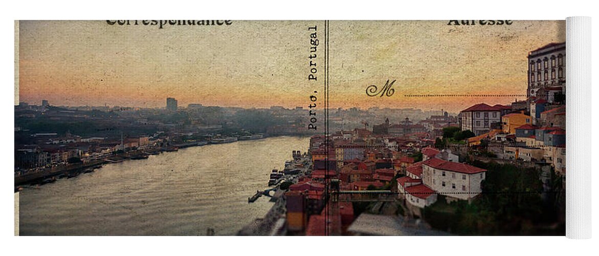 Postcard Yoga Mat featuring the digital art sunset view of the Douro river and old part of Porto, Portugal by Ariadna De Raadt
