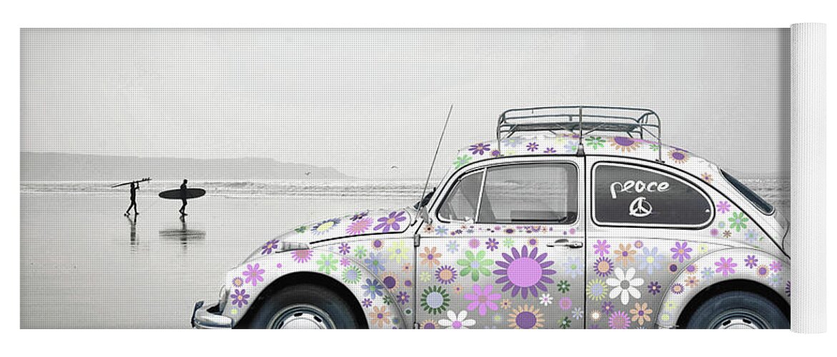 Vw Yoga Mat featuring the mixed media Surfin USA VW Beetle by Mal Bray