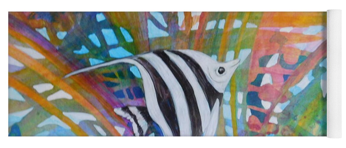 Tropical Angel Fish Rainbow Colors Transparent Acrylic Vibrant One-of-a-kind Original Yoga Mat featuring the painting Swimming Solo by Joan Clear