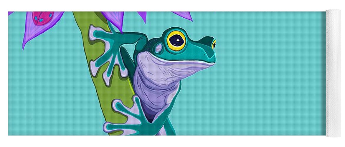 Frogs Yoga Mat featuring the painting Teal Frog and Purple Flower by Nick Gustafson