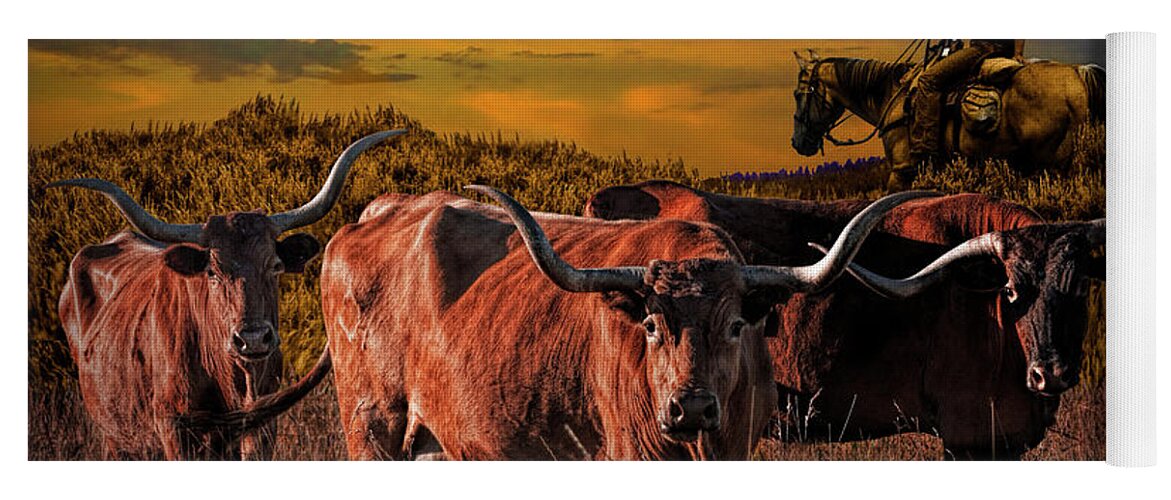 Longhorn Yoga Mat featuring the photograph Texas Longhorn Steers and Cowboy at Sunset by Randall Nyhof