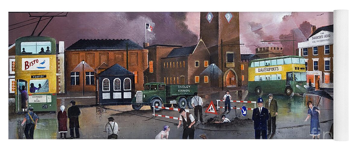 England Yoga Mat featuring the painting Dudley Trolley Bus Terminus 1950's - England by Ken Wood