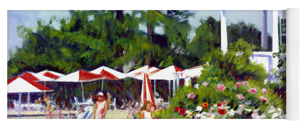 Striped Umbrellas Yoga Mat featuring the painting The Colony with Umbrellas by Candace Lovely