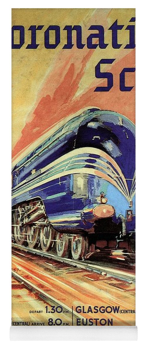 Vintage Locomotive Yoga Mat featuring the painting The Coronation Scot - Vintage Blue Locomotive Train - Vintage Travel Advertising Poster by Studio Grafiikka