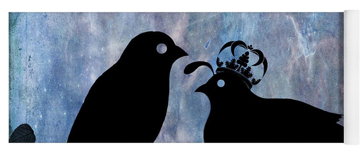 Bird. Silhouette. Black. Blue Yoga Mat featuring the digital art The Courtship Square by Lesa Fine