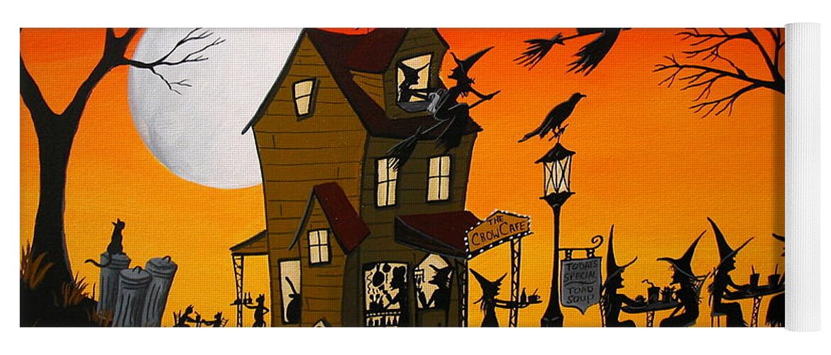 Art Yoga Mat featuring the painting The Crow Cafe - Halloween witch cat folk art by Debbie Criswell