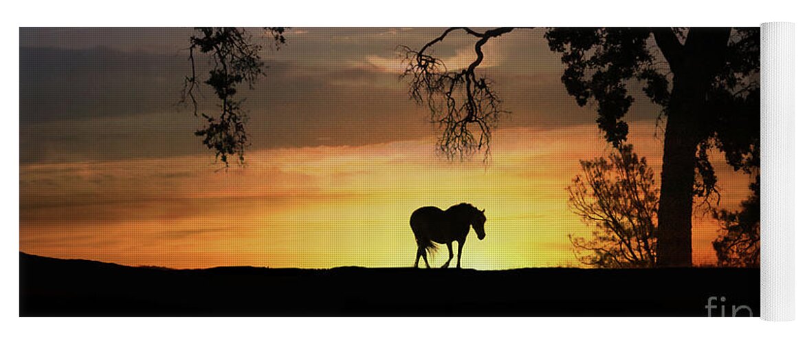 Horse Yoga Mat featuring the photograph The End of The Day, Horse and Oak Tree Silhouette Sunset by Stephanie Laird