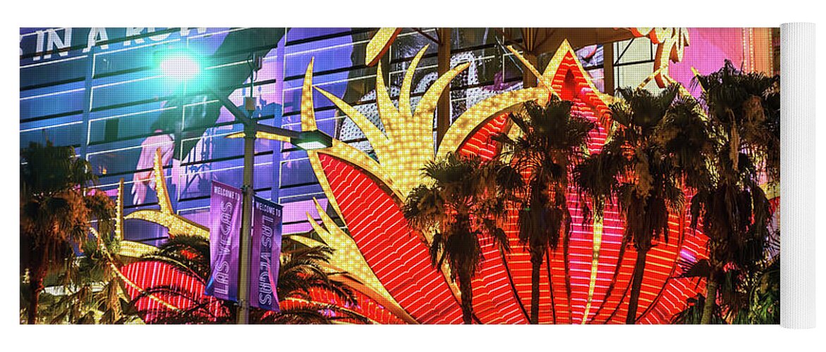 The Flamingo Neon Sign Yoga Mat featuring the photograph The Flamingo Neon Sign and Palm Trees Wide by Aloha Art