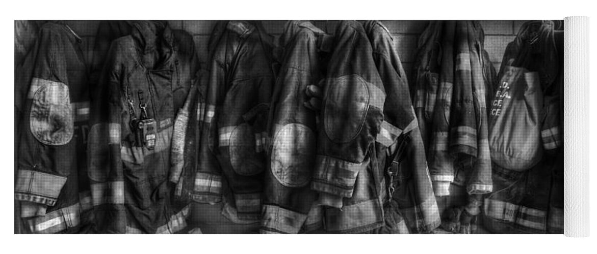 September 11 Yoga Mat featuring the photograph The Gear of Heroes - Firemen - Fire Station by Lee Dos Santos