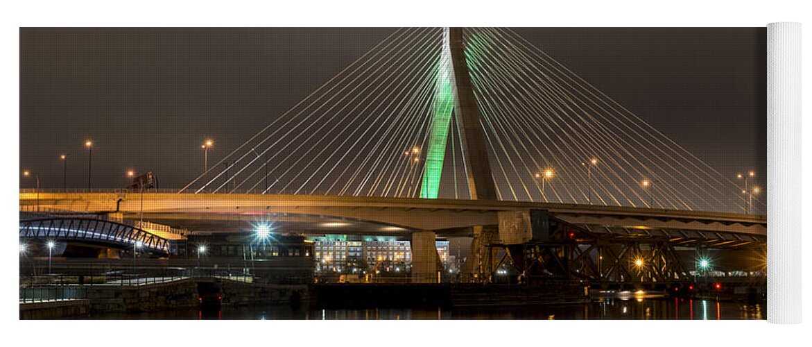 Boston Yoga Mat featuring the photograph The Leonard P Zakim bridge lit up in green for St Patrick's Day Reflection by Toby McGuire