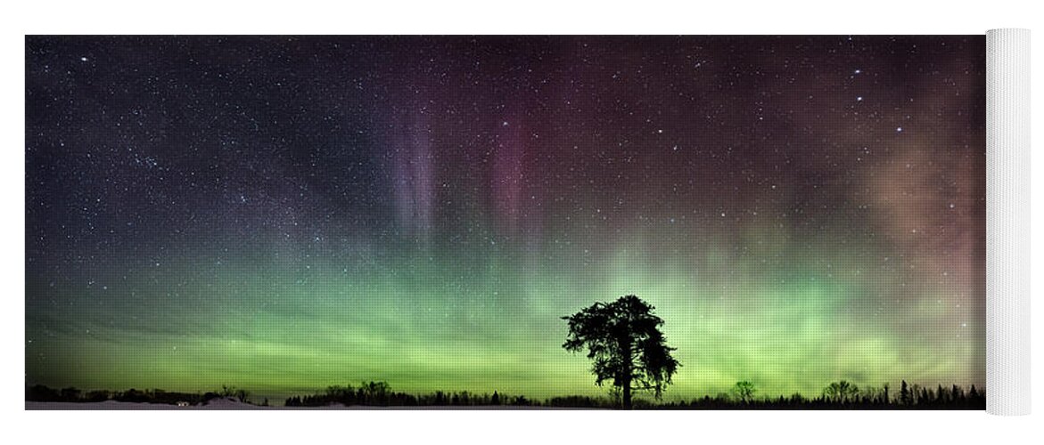Abstract Yoga Mat featuring the photograph The Lone Tree early March Aurora panorama by Jakub Sisak
