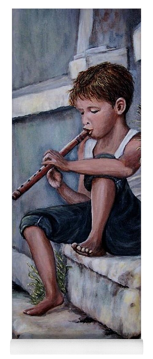 Boy Yoga Mat featuring the painting The Piper by Judy Kirouac
