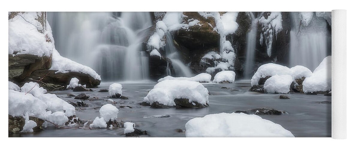 Rutland Ma Mass Massachusetts Waterfall Winter Snow Ice Water Falls Nature New England Newengland Outside Outdoors Natural Old Mill Site Woods Forest Secluded Hidden Secret Dreamy Long Exposure Brian Hale Brianhalephoto Snowing Peaceful Serene Serenity Yoga Mat featuring the photograph The Secret Waterfall in Winter 1 by Brian Hale