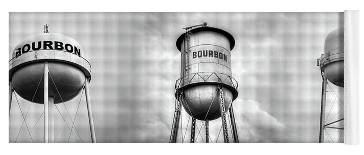 America Yoga Mat featuring the photograph Three Bourbon Whiskey Towers Panorama - Monochrome by Gregory Ballos