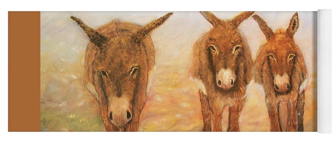 Donkey Yoga Mat featuring the painting Three Donkeys by Loretta Luglio