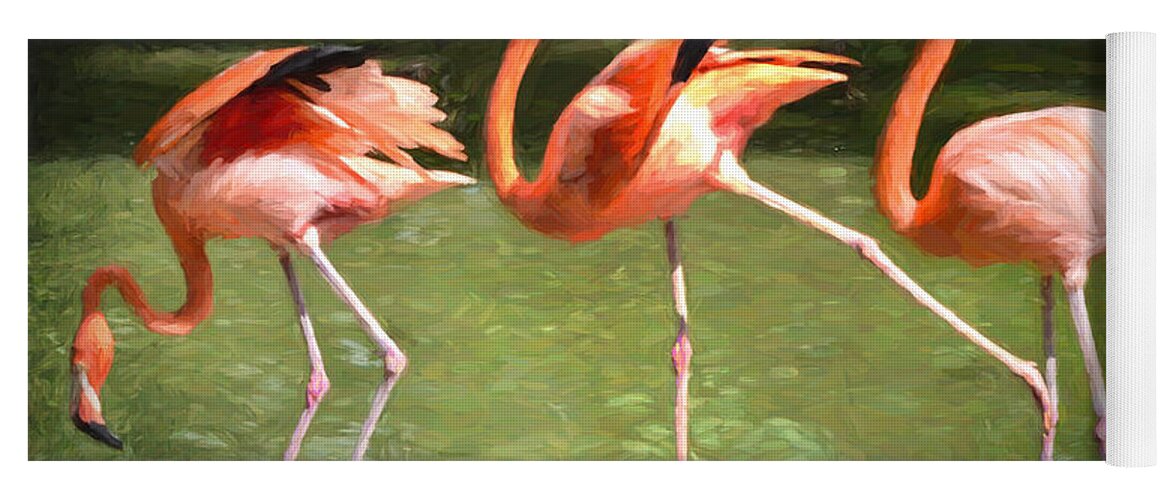 Three Yoga Mat featuring the photograph Three Flamingos by Judy Wolinsky