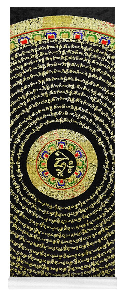 'treasures Of Tibet' Collection By Serge Averbukh Yoga Mat featuring the digital art Tibetan Thangka - Om Mandala with Syllable Mantra over Black by Serge Averbukh