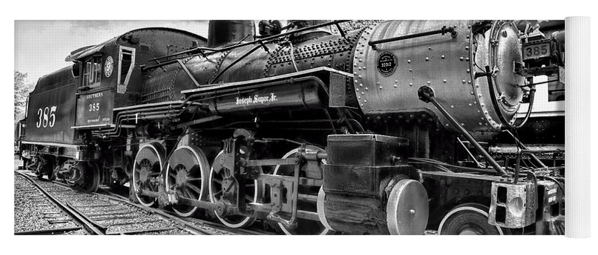 Paul Ward Yoga Mat featuring the photograph Train - Steam Engine Locomotive 385 in black and white by Paul Ward