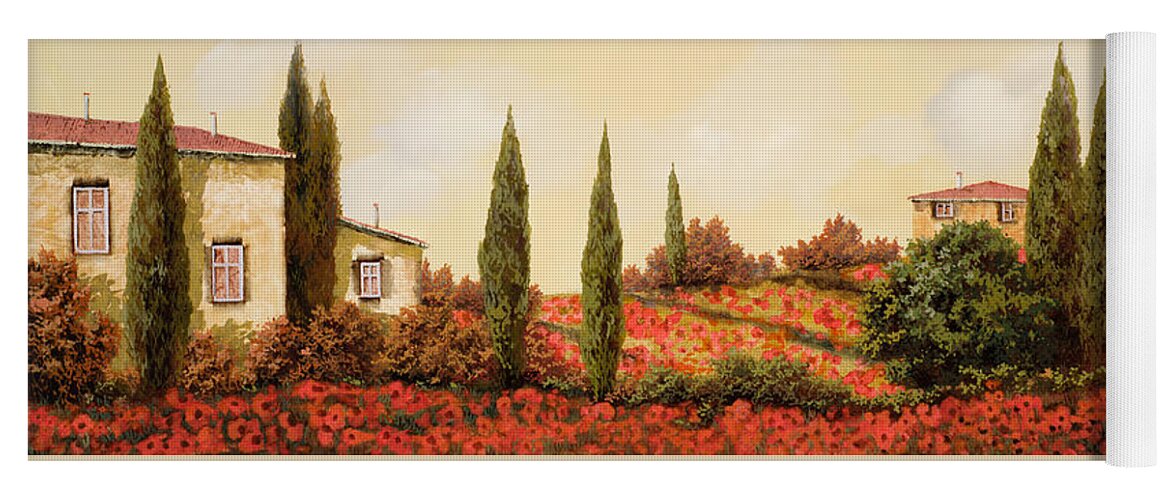 Landscape Yoga Mat featuring the painting Tre Case Tra I Papaveri Rossi by Guido Borelli