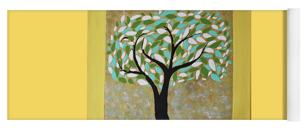 Colorful Tree Wall Art-tree Walll Decor- Modern Tree Art - Modern Tree Decor- Tree Of Life -tree Acrylic Painting- Image 1-turquise-white-yellow -original Tree Art- Colourful Leaves Painting- Yoga Mat featuring the painting Tree of Life Wall Art-Modern Tree Acrylic Painting- Image 1 out of 3 -Tree of Life Original by Geanna Georgescu