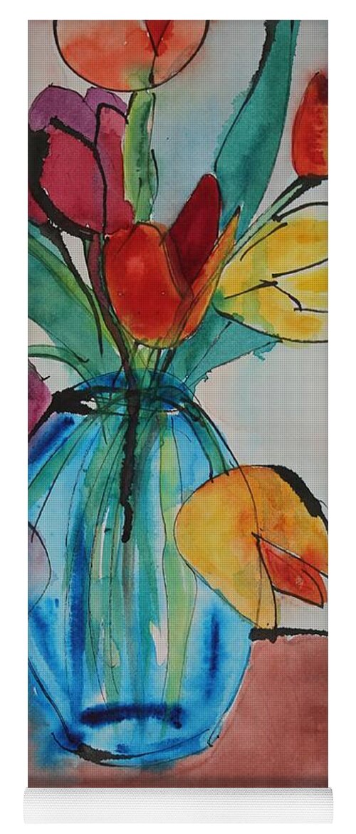 Tulips Yoga Mat featuring the painting Tulips in a Blue Glass Vase by Ruth Kamenev