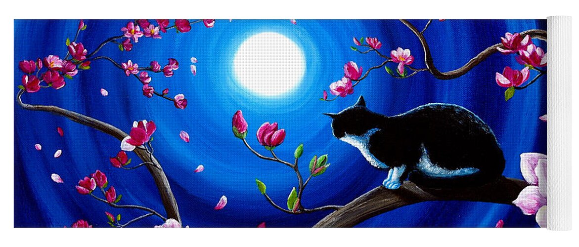 Tuxedo Yoga Mat featuring the painting Tuxedo Cat in a Japanese Magnolia Tree by Laura Iverson