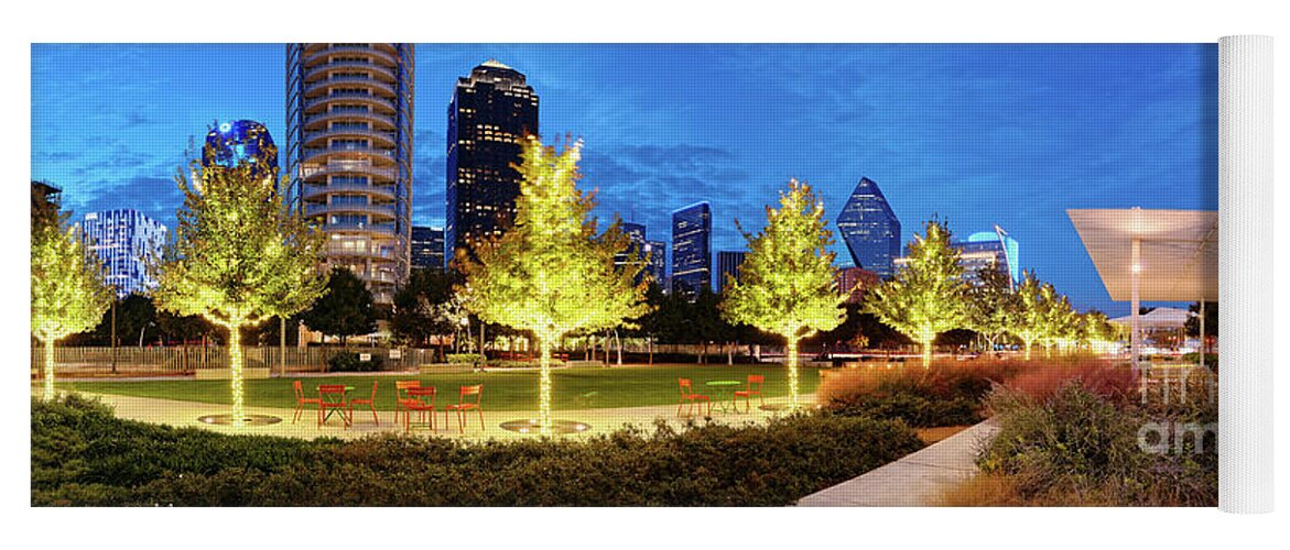 Downtown Yoga Mat featuring the photograph Twilight Panorama of Klyde Warren Park and Downtown Dallas Skyline - North Texas by Silvio Ligutti