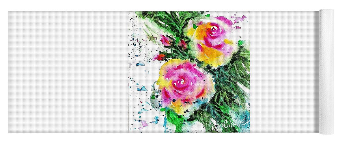 Cynthia Pride Watercolor Paintings Yoga Mat featuring the painting Two Roses and their Buds by Cynthia Pride