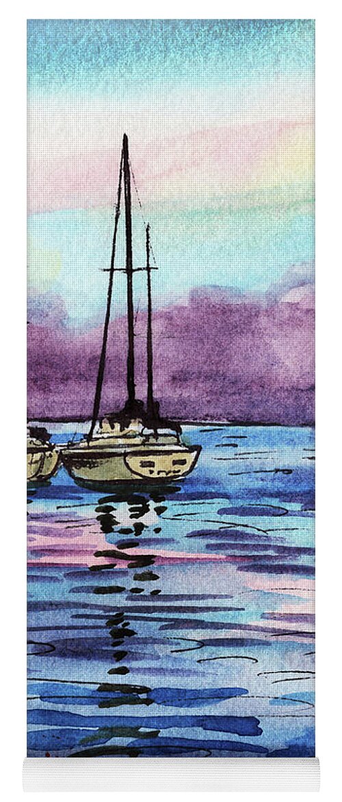 Two Boats Yoga Mat featuring the painting Two Sailboats At The Shore Watercolor by Irina Sztukowski