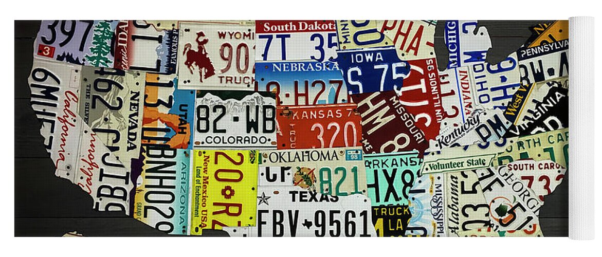 Map Yoga Mat featuring the photograph License Plate Map of United States by Dale Powell