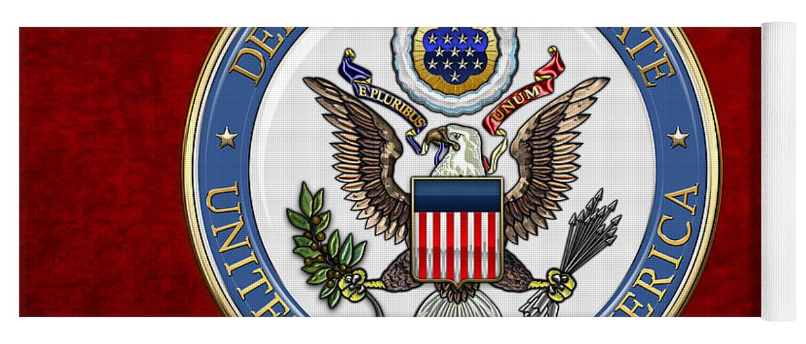 'military Insignia & Heraldry 3d' Collection By Serge Averbukh Yoga Mat featuring the digital art U. S. Department of State - DoS Emblem over Red Velvet by Serge Averbukh
