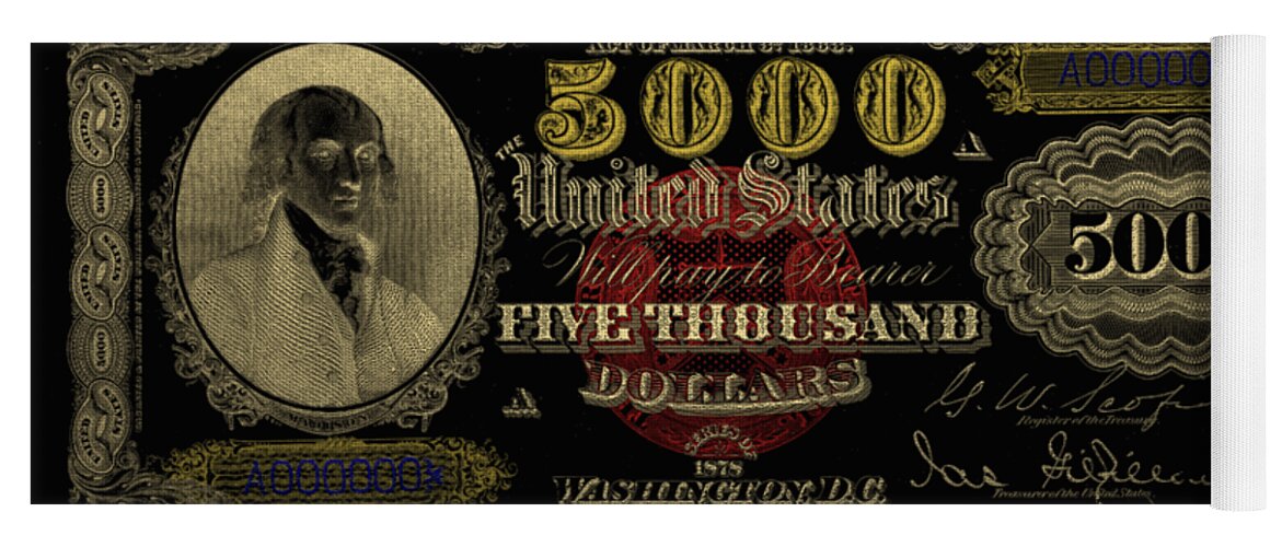 'paper Currency' Collection By Serge Averbukh Yoga Mat featuring the digital art U.S. Five Thousand Dollar Bill - 1878 $5000 USD Treasury Note in Gold on Black by Serge Averbukh