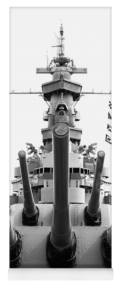 Uss Alabama Yoga Mat featuring the photograph USS Alabama Battleship Guns Tower and Flags Mobile Alabama Black and White by Shawn O'Brien