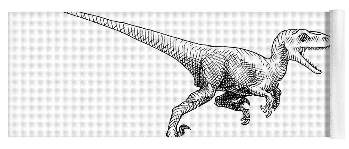 Velociraptor Illustration Yoga Mat featuring the drawing Velociraptor - Jurassic Dinosaur Science Illustration Black and White Contemporary Art Ink Drawing by K Whitworth