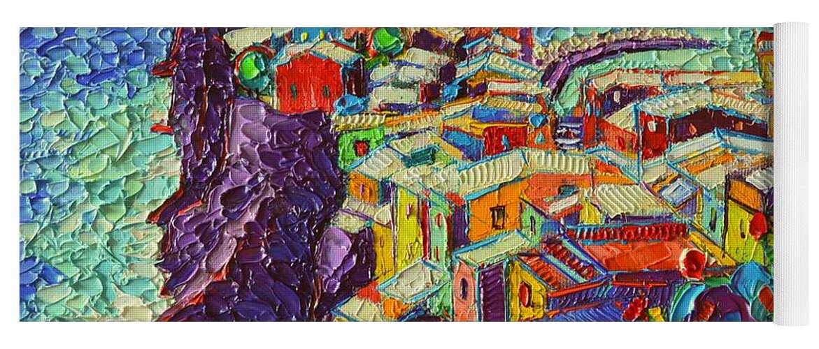 Vernazza Yoga Mat featuring the painting Vernazza Cinque Terre Italy 2 Modern Impressionist Palette Knife Oil Painting By Ana Maria Edulescu by Ana Maria Edulescu