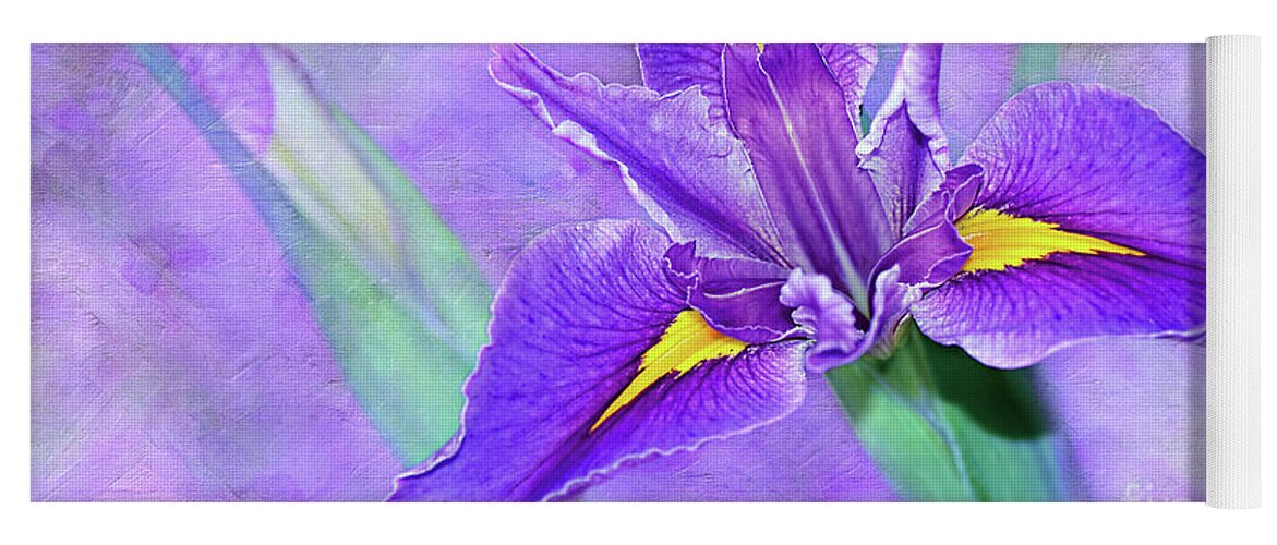 Vibrant Iris On Purple Bokeh Yoga Mat featuring the photograph Vibrant Iris on Purple Bokeh by Kaye Menner by Kaye Menner
