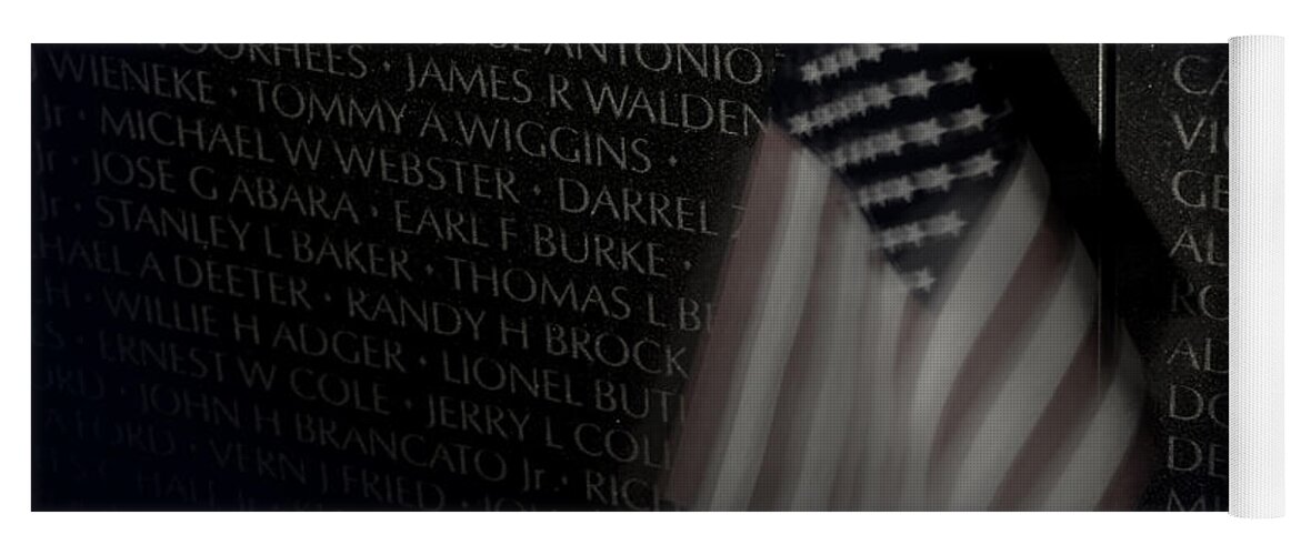 Vietnam Memorial Yoga Mat featuring the photograph Vietnam Memrial Wall with US Flag by Art Whitton
