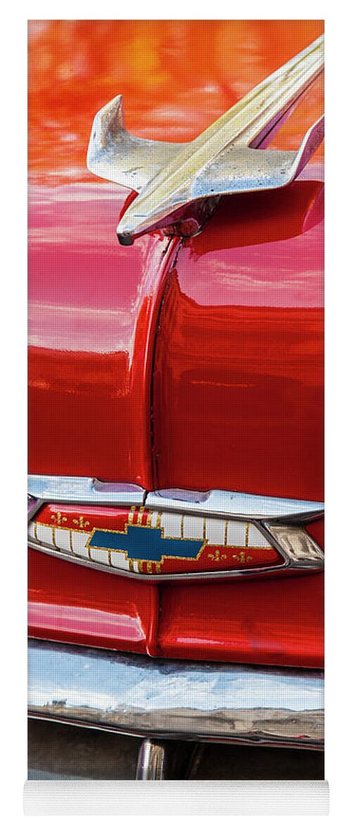 Vintage Chevy Hood Ornament Havana Cuba Photography By Charles Harden Red Candy Apple Smooth Chrome Antique Jet Plane Glossy Gloss Yoga Mat featuring the photograph Vintage Chevy Hood Ornament Havana Cuba by Charles Harden