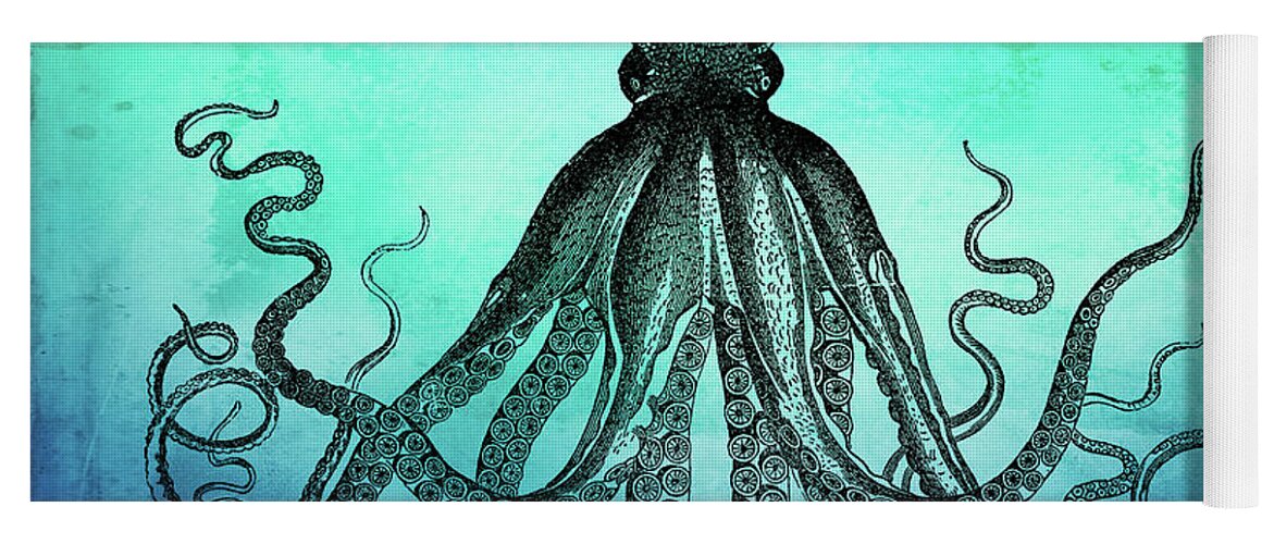 Octopus Yoga Mat featuring the digital art Vintage Octopus on Blue Green Watercolor by Peggy Collins