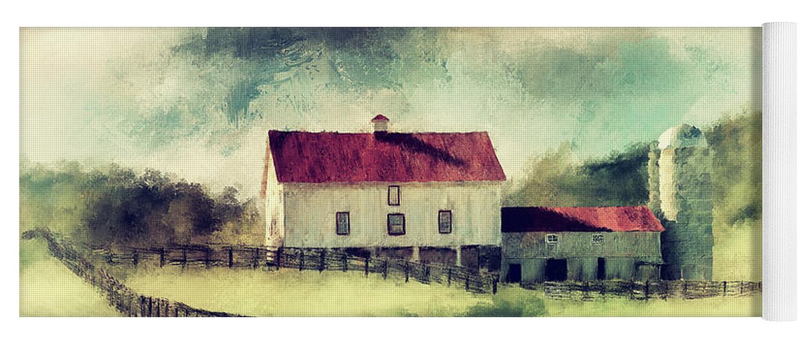 Vintage Yoga Mat featuring the digital art Vintage Red Roof Barn by Lois Bryan