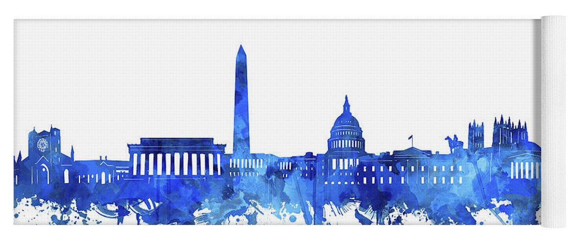 Washington Dc Yoga Mat featuring the digital art Washington Dc Skyline Watercolor Blue by Bekim M