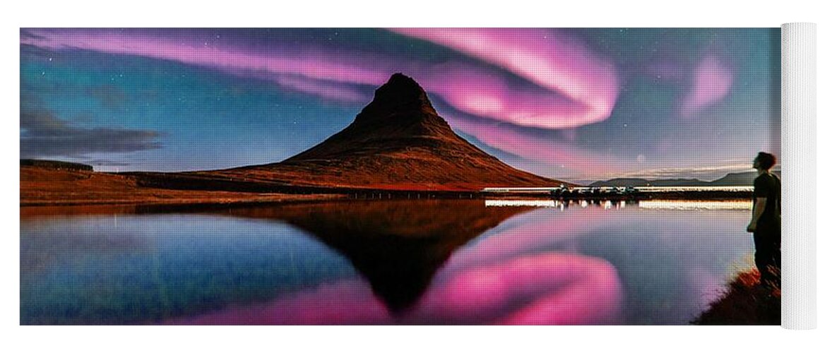 Nature Yoga Mat featuring the painting Watching pink waves, Pink Northern lights Aurora Borealis by Celestial Images