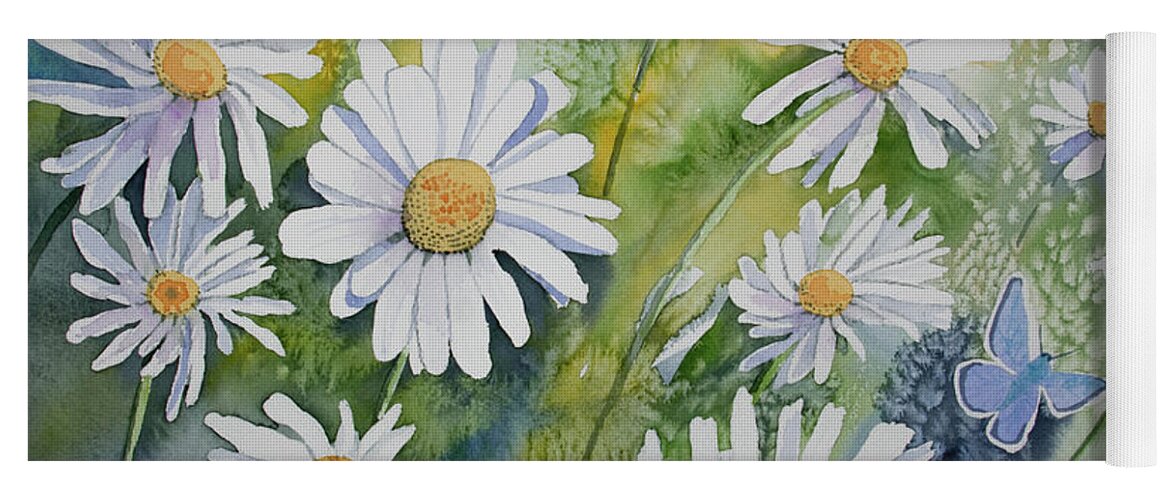 Common Blue Yoga Mat featuring the painting Watercolor - Daisies and Common Blue Butterflies by Cascade Colors