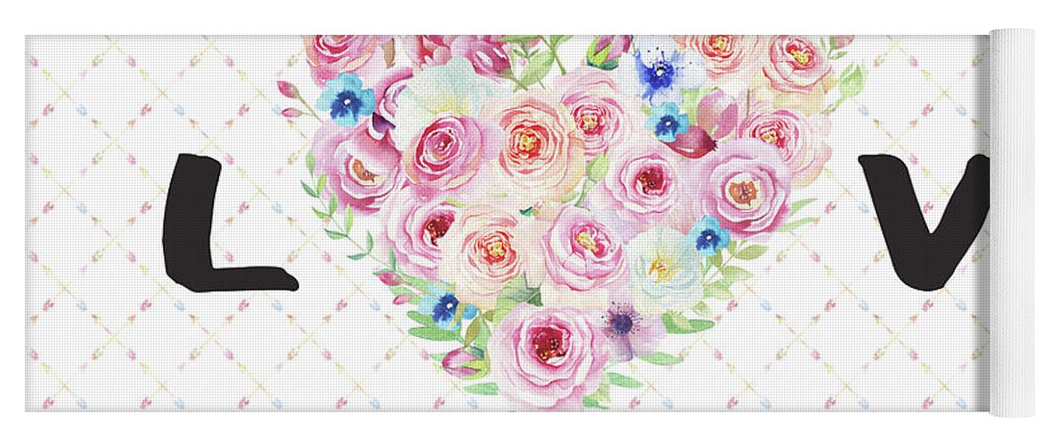 Love Typography Yoga Mat featuring the painting Watercolor Flowers Arrows Love Typography by Georgeta Blanaru
