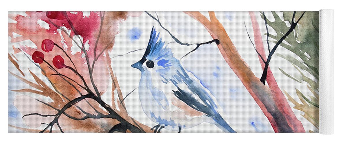 Tufted Titmouse Yoga Mat featuring the painting Watercolor - Tufted Titmouse with Winter Berries by Cascade Colors