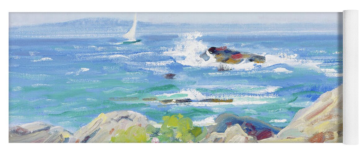Waves Yoga Mat featuring the painting Waves, Rocks and Flowers by Candace Lovely